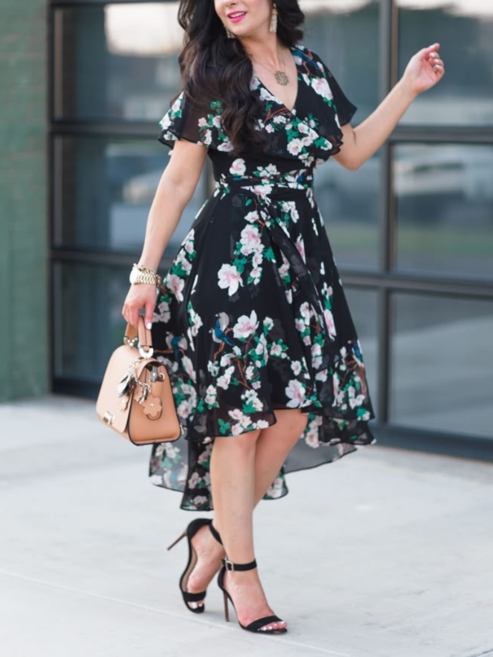 Eliza J High/Low Floral Print Chiffon Faux-Wrap Black Midi Dress - size 2
